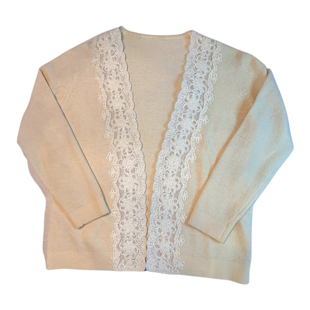 Unbranded Lace Trim Cardigan Womens Small Cream Open Front Knit Shrug Sweater